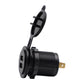 Dual USB car charger with black body and two metal prongs for car power socket
