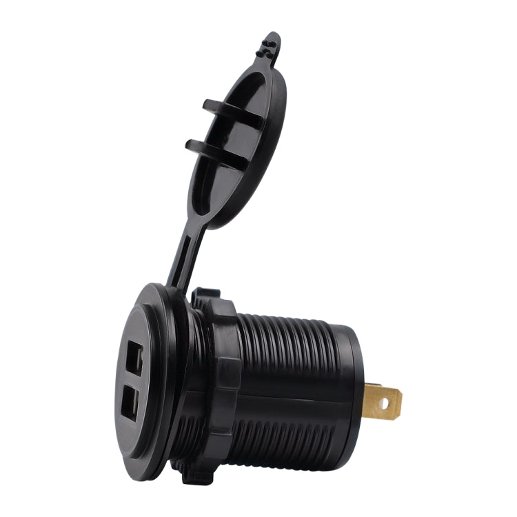 Dual USB car charger with black body and two metal prongs for car power socket