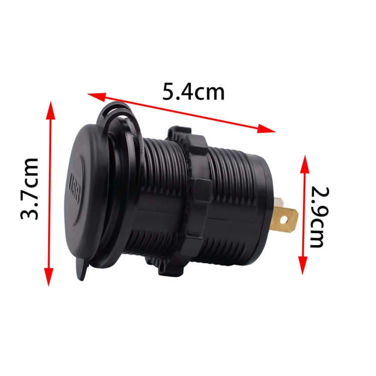 Dual USB car charger dimensions: 5.4 cm length, 3.7 cm diameter, black housing