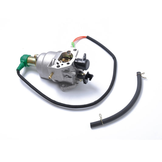 Carburetor assembly with red and green wiring, black hoses, and mounting parts