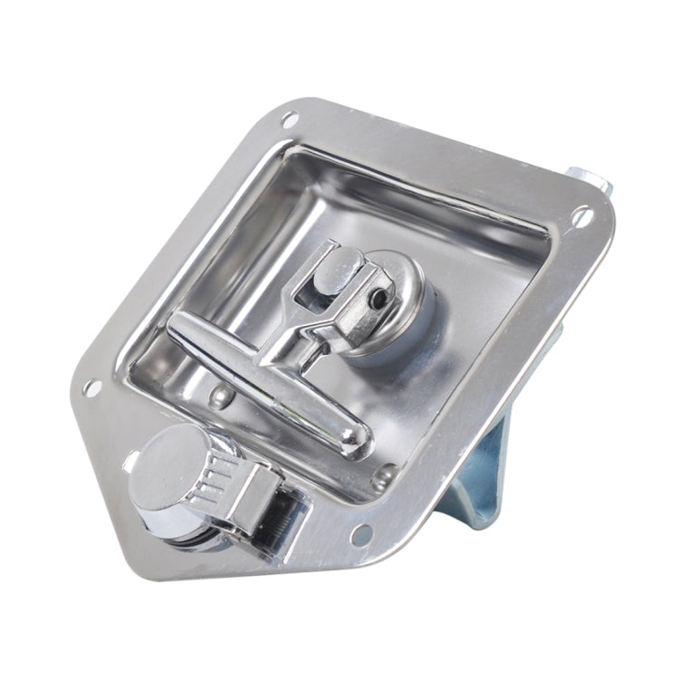 Stainless steel flush-mount paddle lock latch, open view with mounting holes