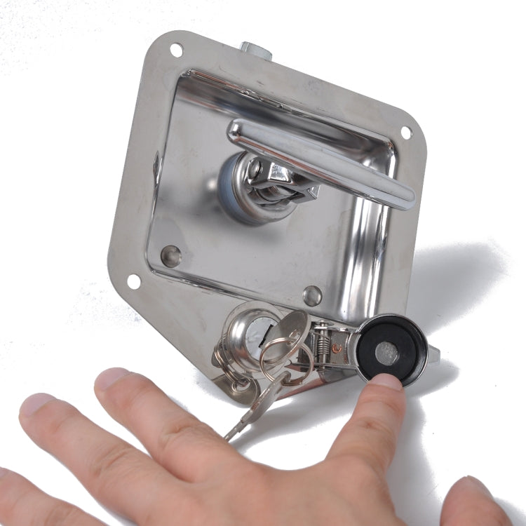 Stainless steel flush-mount paddle lock latch with black key cylinder and lever