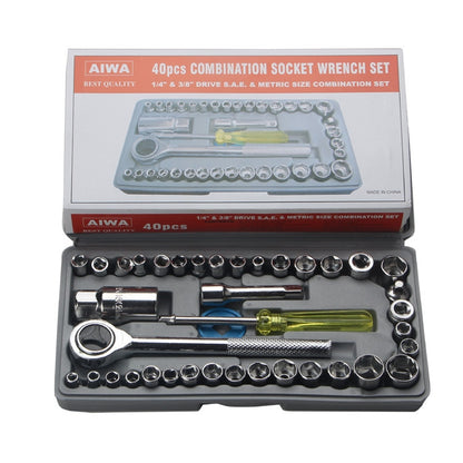 40-piece socket wrench set with chrome sockets in gray storage case