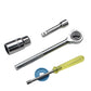 Socket wrench tools set with chrome sockets, ratchet handle, and extension bar