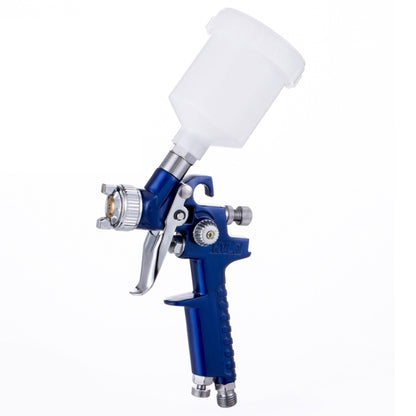 Blue pneumatic paint spray gun with clear plastic paint cup and trigger handle