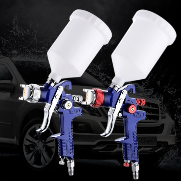 Pair of blue pneumatic spray guns with white paint cups and dual metal air nozzles