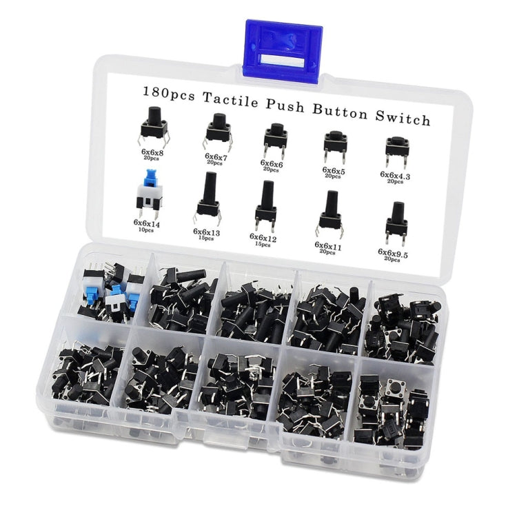 Tactile push button switch kit assortment display in clear organizer with blue latch