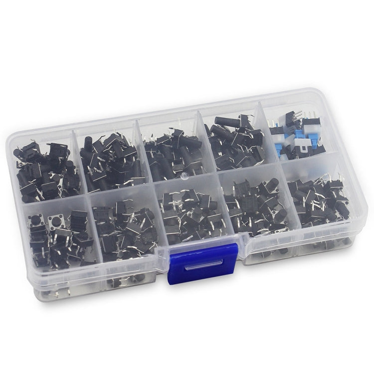 Tactile push button switches stored in a clear divided organizer case