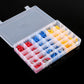 Clear organizer box of insulated crimp terminals with blue, red, and yellow sleeves