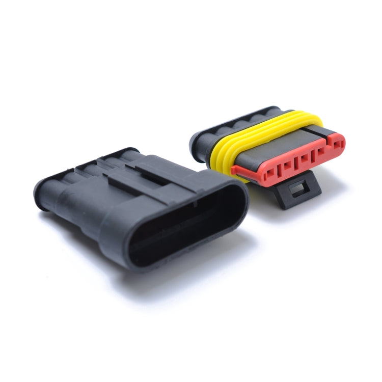 Pair of 5-pin waterproof electrical connectors with yellow seal and red latch
