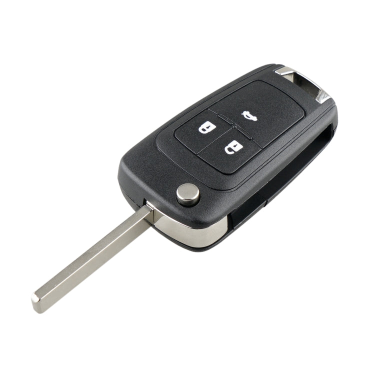 Black 3-button car key case with foldable metal blade, key fob front view.