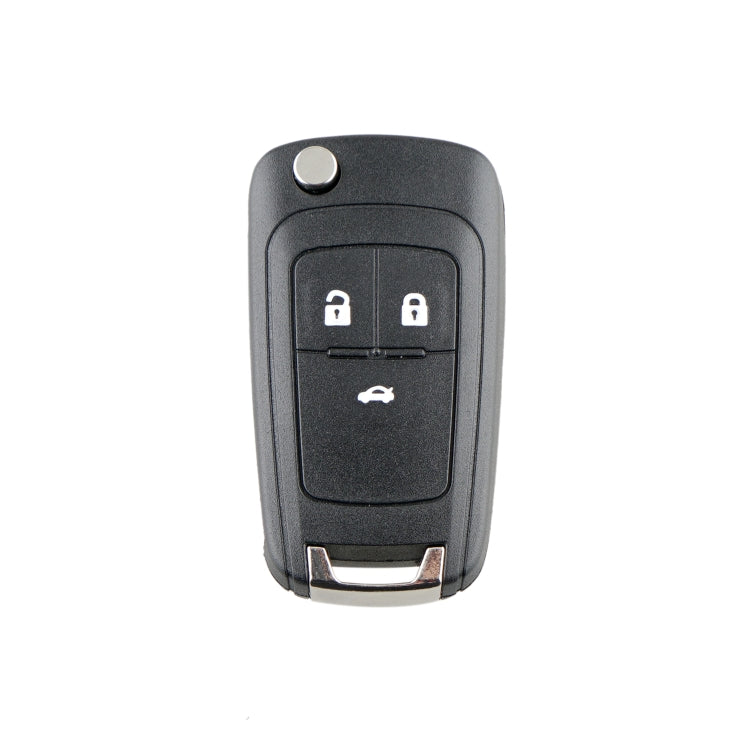 Black car key case with 3 control buttons and ring loop on back cover.