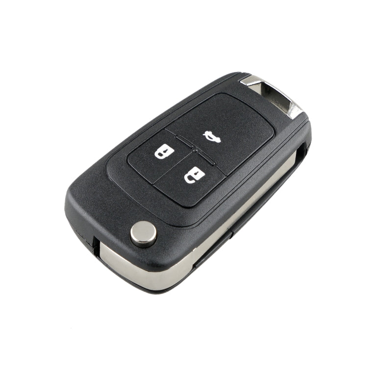 Black 3-button car key case with foldable blade and silver side insert, angled view.