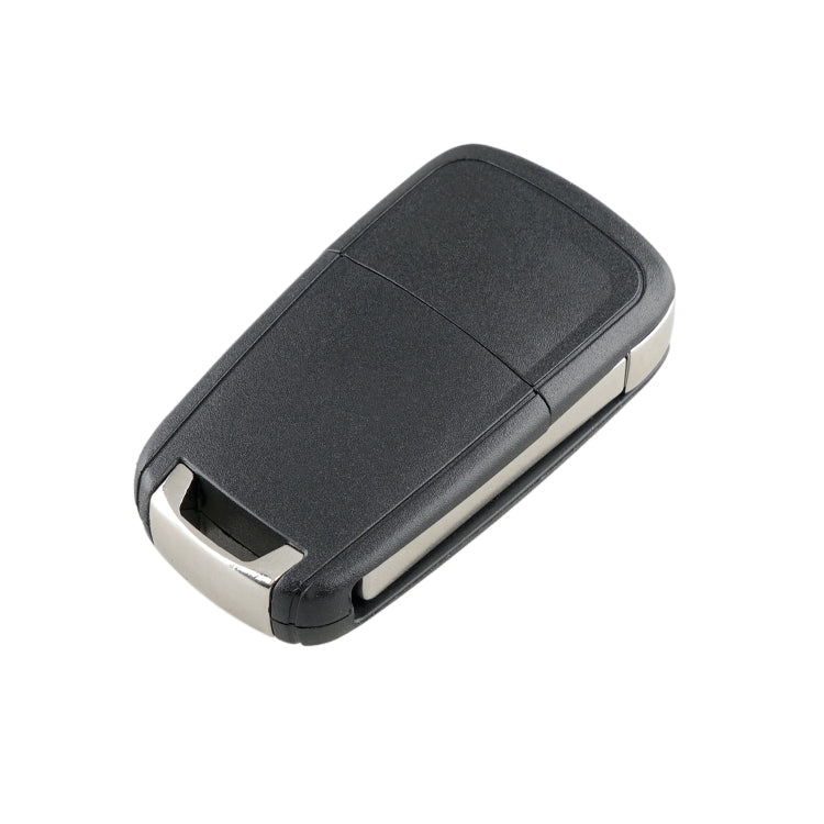 Black car key fob case with silver edge trim, side profile with blade folded.