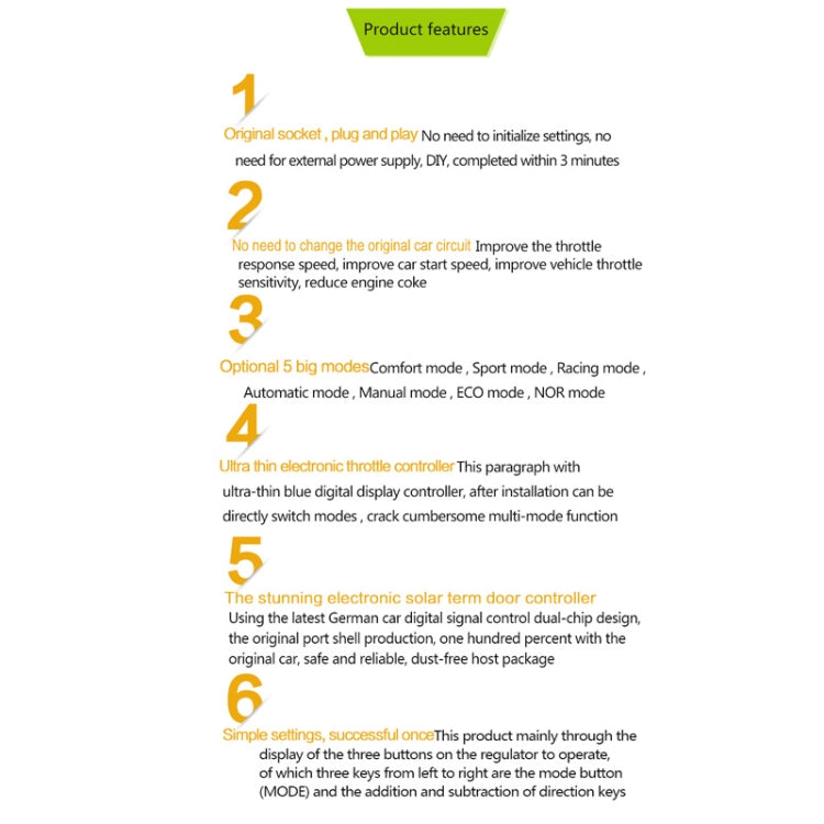 Electronic throttle controller on product features infographic, black device near the text
