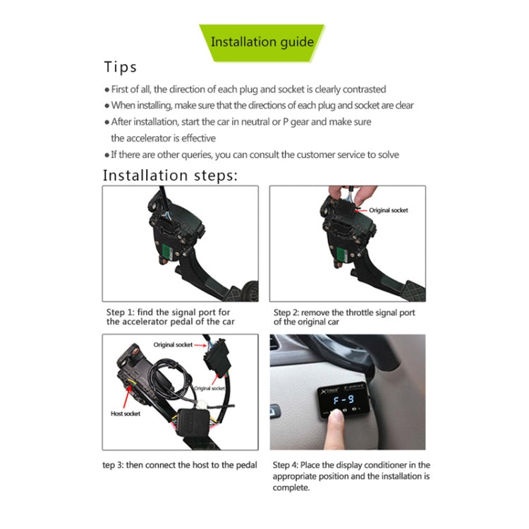 Electronic throttle controller installation guide infographic with device connection photos
