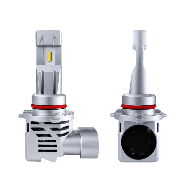 LED headlight bulb set with silver housing, red ring, and yellow LED chip tips (pair)