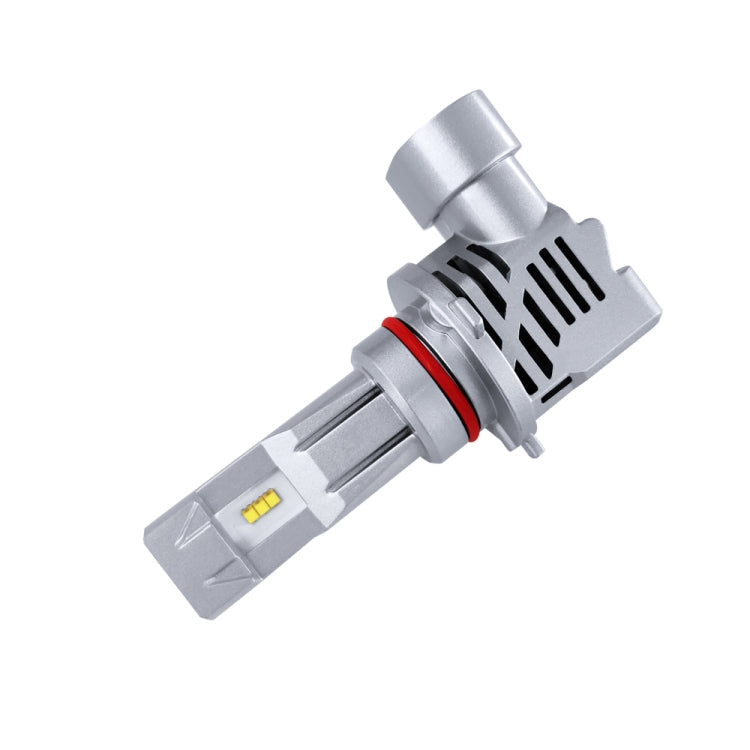 LED headlight bulb with silver fins, red sealing ring, and yellow LED chip on white base