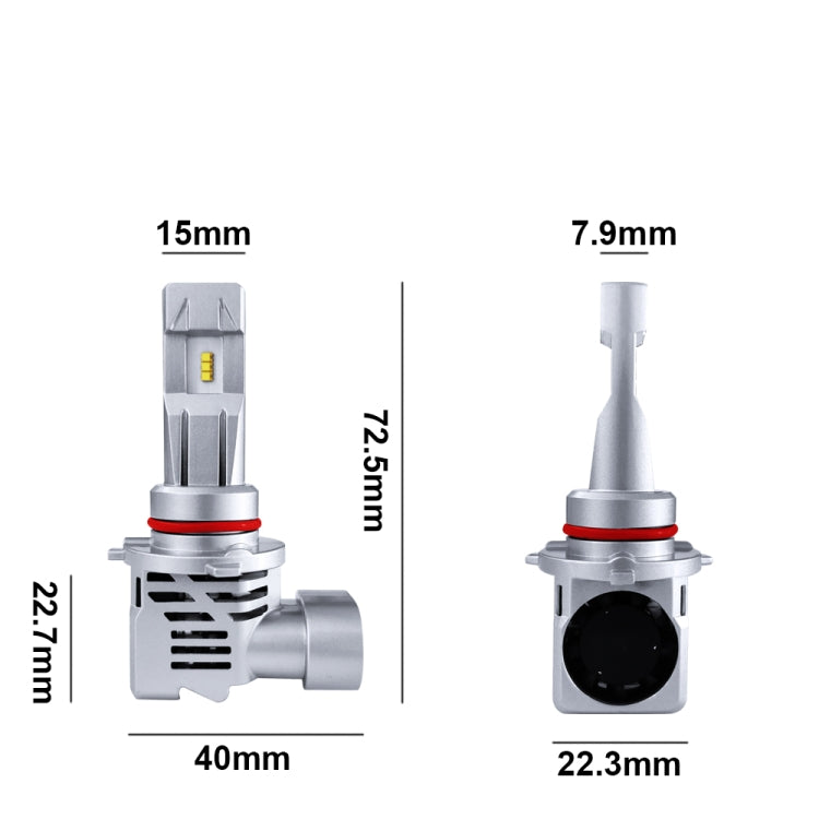 Pair of LED headlight bulbs with silver cooling fins, red ring, and yellow LED chip markers