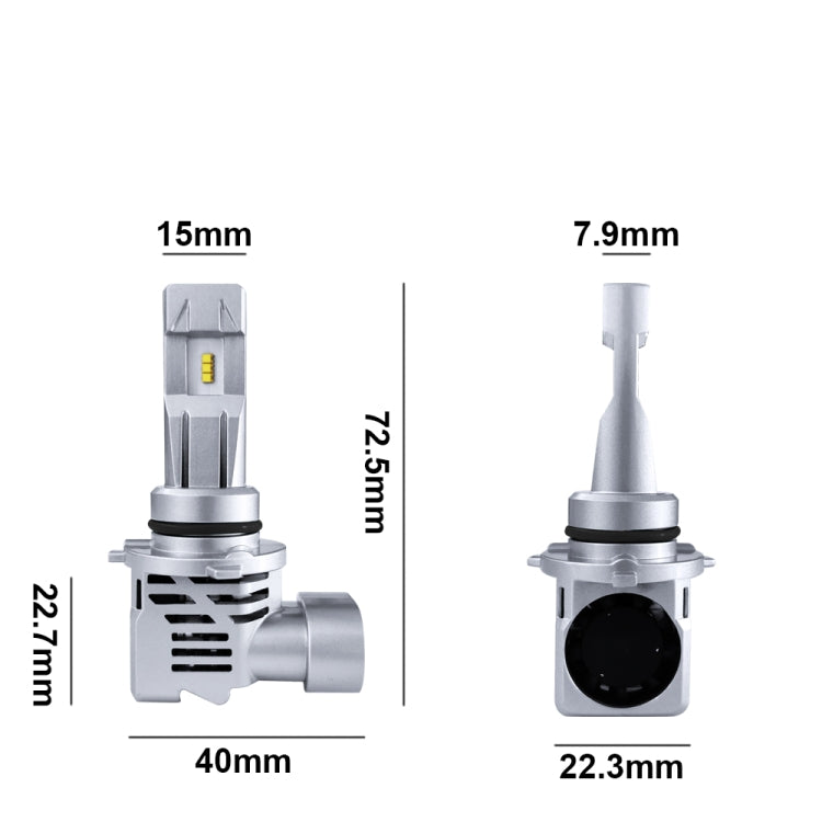 LED headlight bulb pair with silver housing and cooling fins; shown with size measurements.