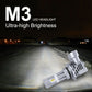 LED headlight bulb with silver cooling fins and small yellow LED chip, angled for fit view.