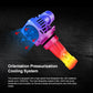 LED headlight bulb close-up with blue/pink heat-sink fins and airflow arrows for cooling.
