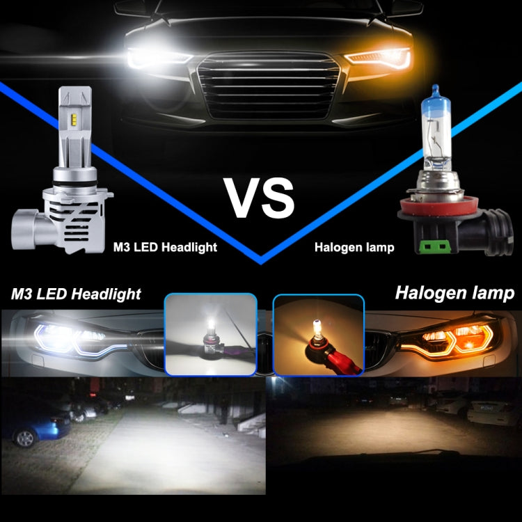 LED headlight bulb pair installed on a car, emitting bright white light from the housings.
