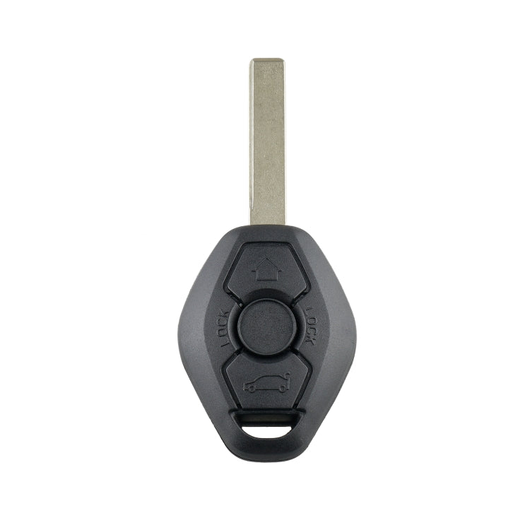 Black remote key fob with metal blade and two control buttons on front.