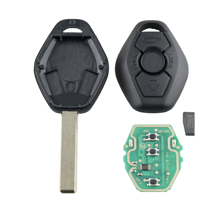 Remote key fob with metal blade, internal circuit board and battery components.