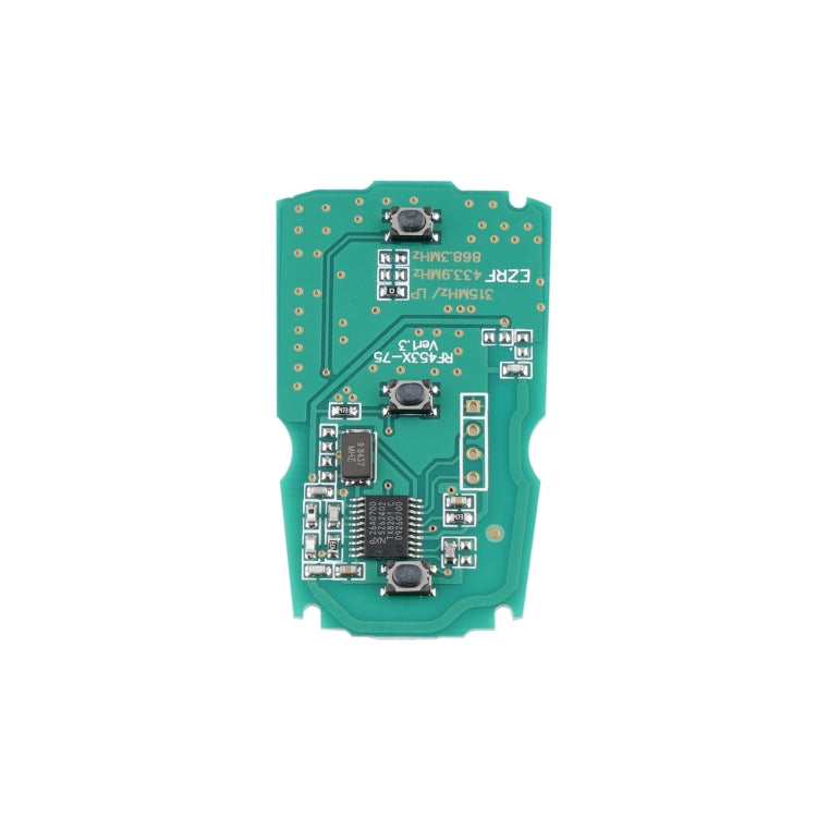 Green car key fob circuit board with electronic components and solder points