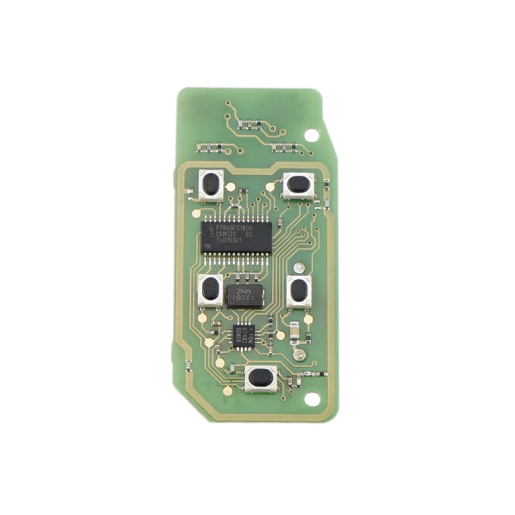 Green circuit board with chips and wiring for remote key fob