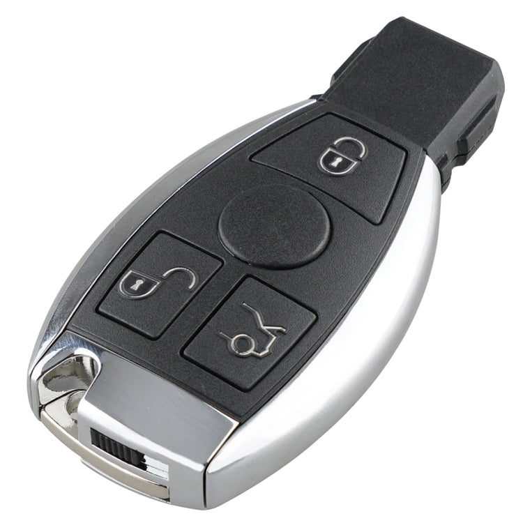 Black remote car key fob with silver edge and four button icons, flip blade folded