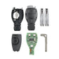 Remote key fob set shown: casings, circuit board, keys, and battery contacts