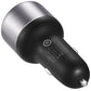Huawei car charger back side with safety markings on black and silver body
