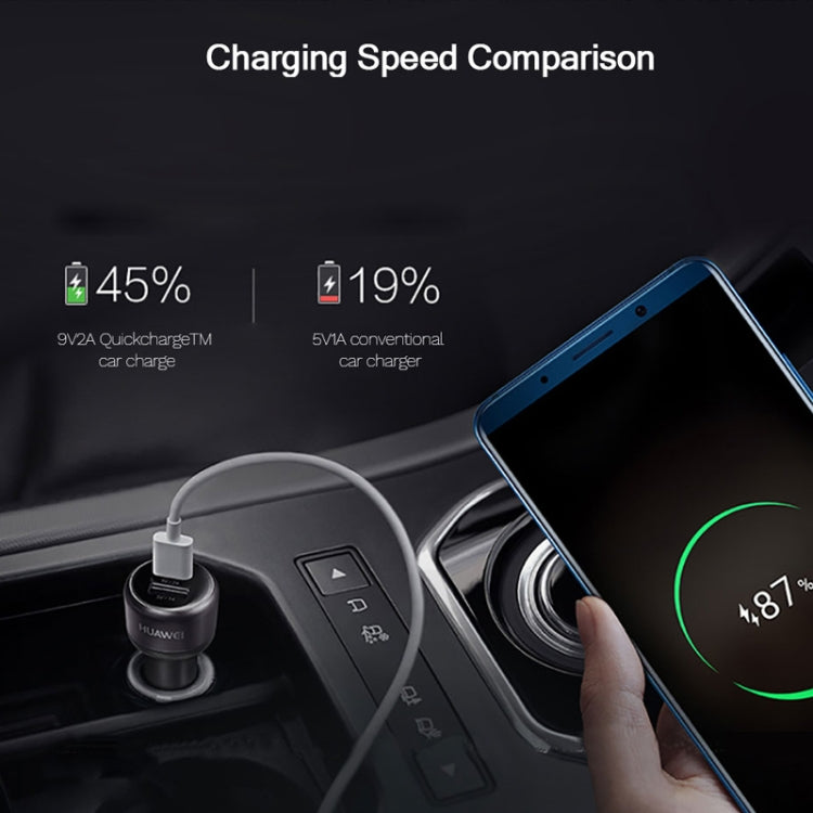 Huawei car charger connected to a phone via dual USB ports