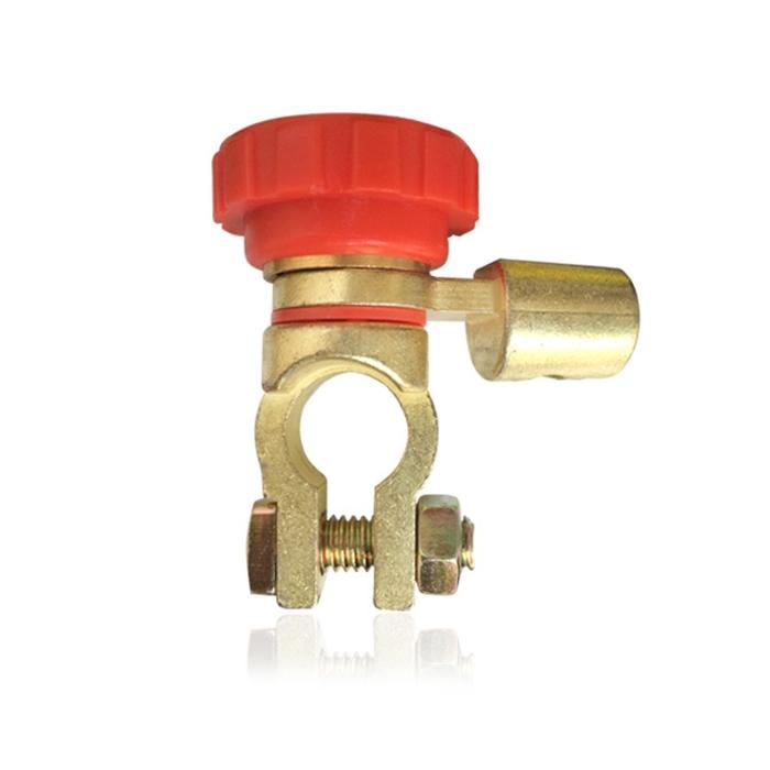 Car battery disconnect rotary switch with red cap and gold terminal plug