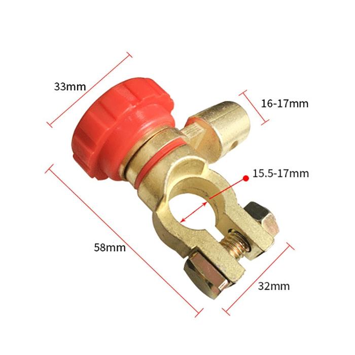 Car battery disconnect rotary switch with red cap, gold terminals, and size labels