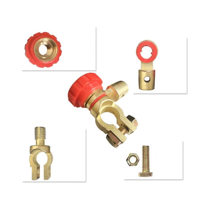 Car battery disconnect rotary switch with red cap, gold body, and included parts
