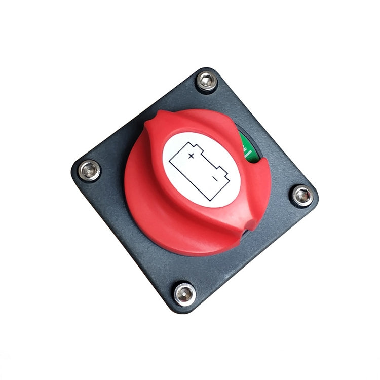 Square panel-mounted battery switch with red knob and plus/minus symbol
