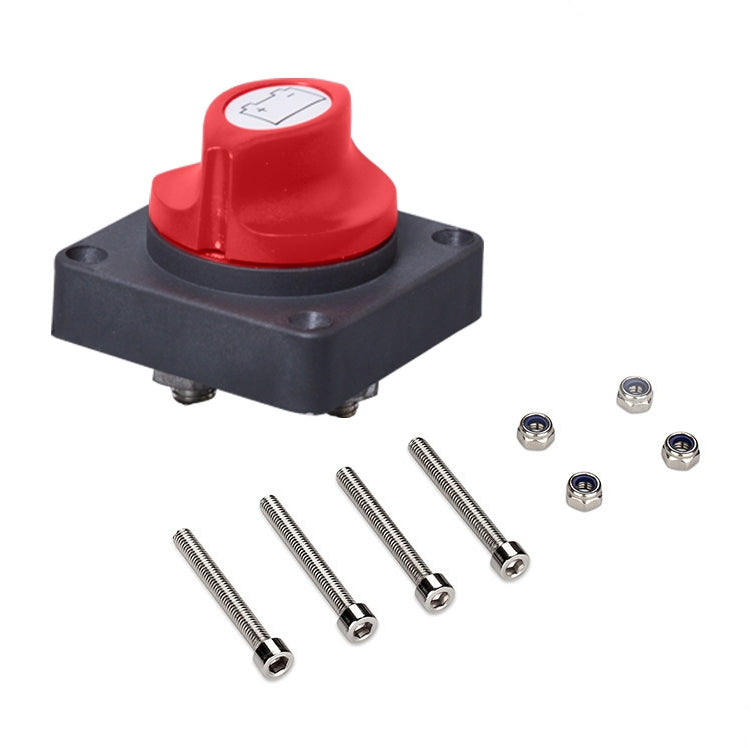 Red and black battery selector switch with included bolts and nuts