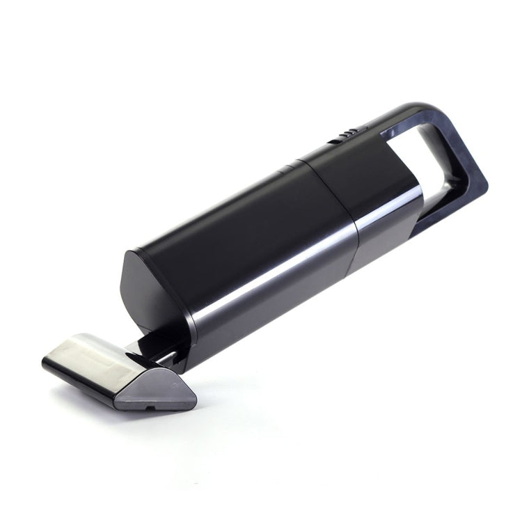 Black handheld vacuum cleaner with front floor brush and silver barrel