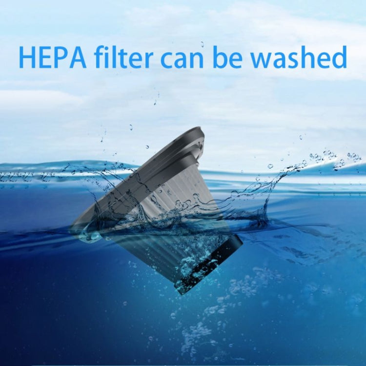 Wireless handheld car vacuum with washable HEPA filter shown submerged in water