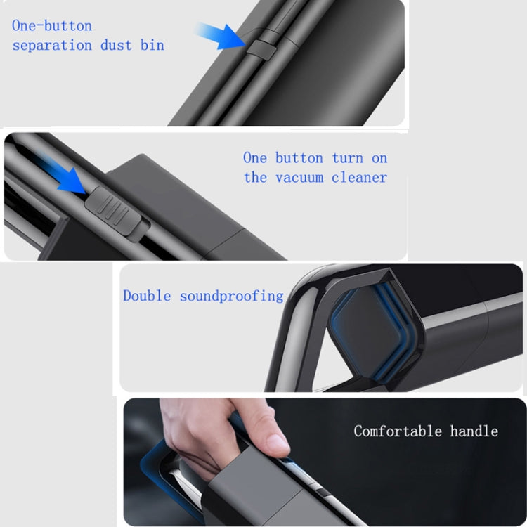 Handheld vacuum cleaner showing one-button dust bin release and comfort handle