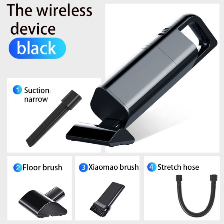 Wireless black handheld car vacuum with narrow suction and floor brush