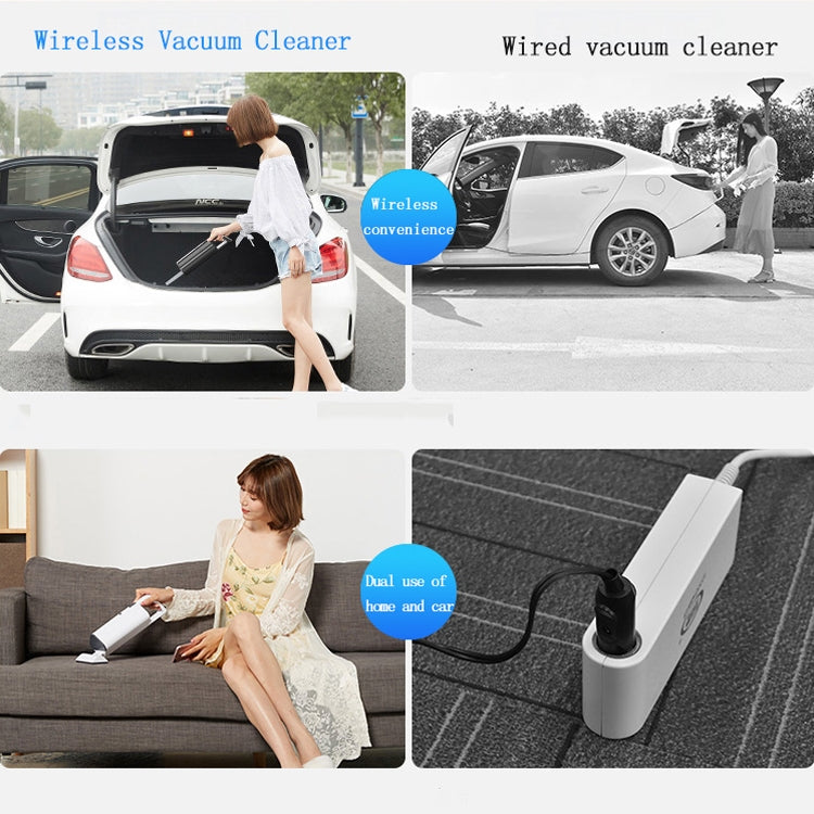 Wireless handheld vacuum cleaner cleaning car trunk and sofa, shown cordless