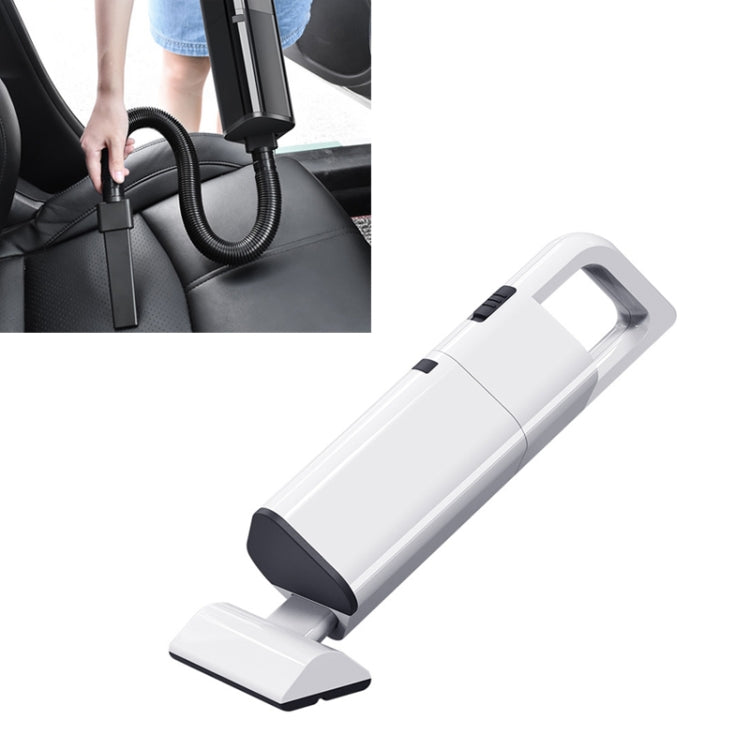 White handheld wireless car vacuum cleaner with floor brush and curved handle