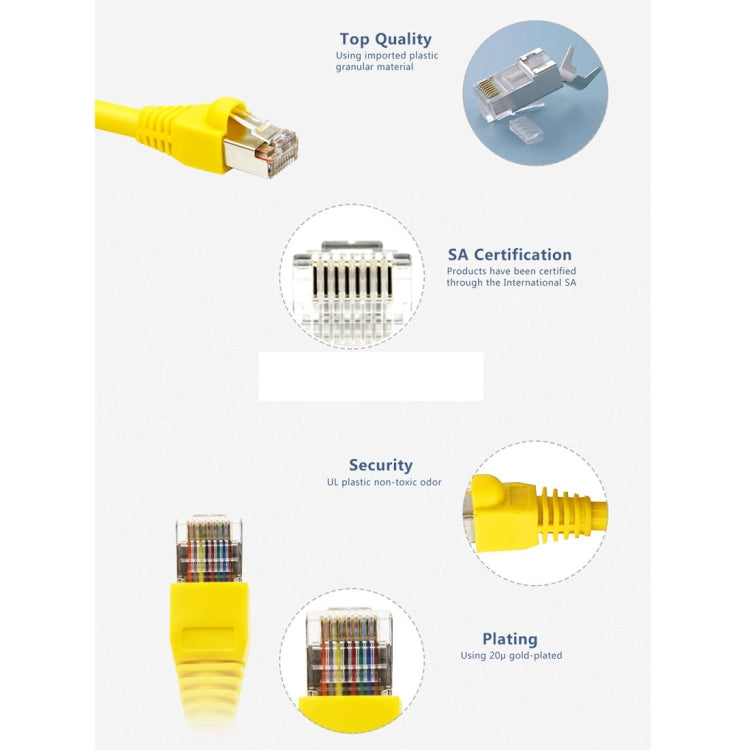 Yellow Ethernet cable with two RJ45 connector ends, close-up