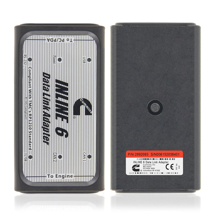 Inline 6 data link adapter, front and back view with label and port