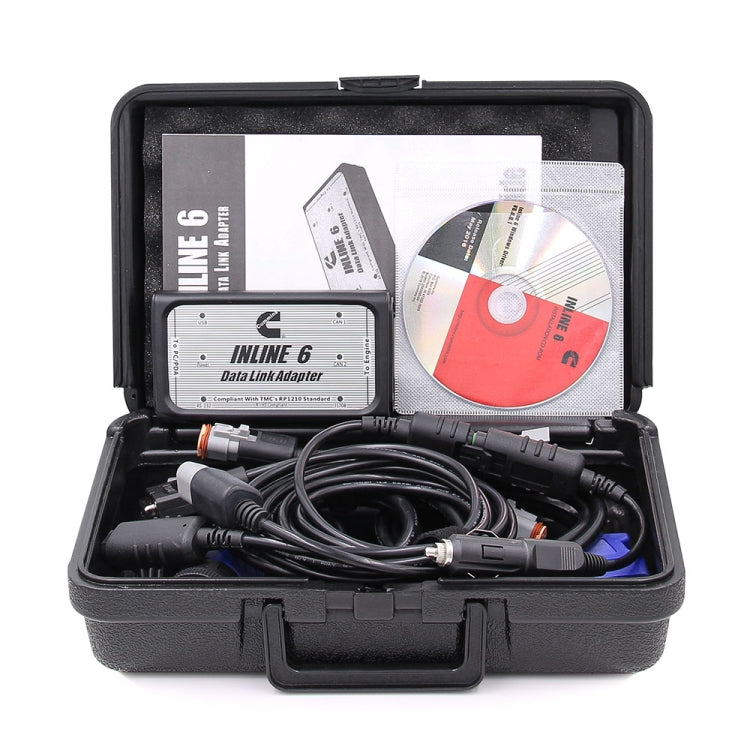 Hard-shell carry case holding Inline 6 data link adapter, cables, and CD