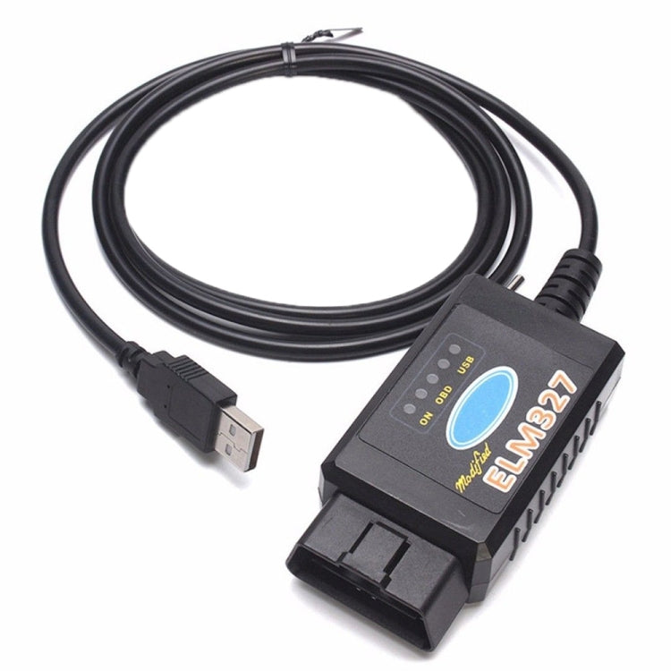 Black OBD-II diagnostic scanner with USB cable and blue status button, compact housing